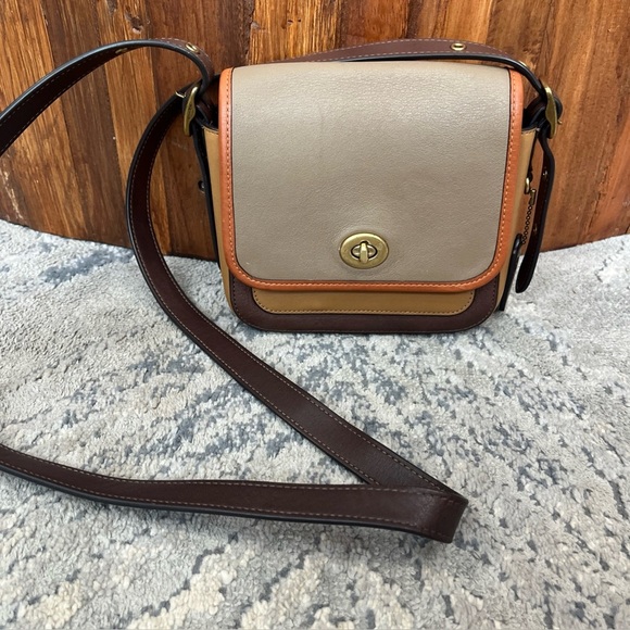 Coach Colorblock Leather Rambler 16 Crossbody Bag 89126 Brown Orange Tan - Picture 1 of 12